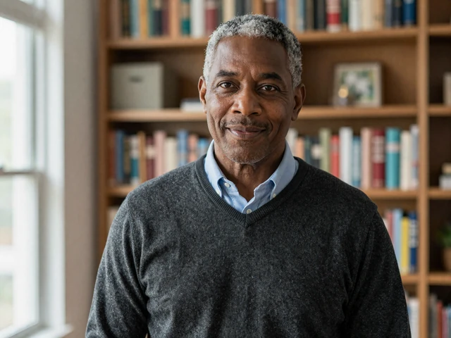 Michael, 61, a widower from Raleigh, North Carolina, standing in his home library after finding his fiancee Carol through Feelflame serious dating