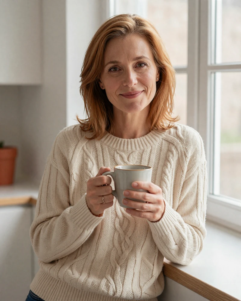 Mature woman in her early fifties smiling warmly with coffee, representing Feelflame's welcoming community for serious dating over 45
