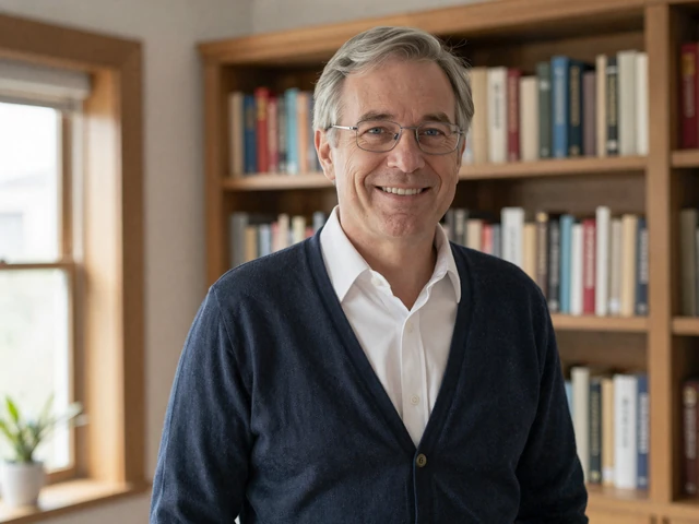 Michael, a 61-year-old widower from Raleigh, North Carolina, smiling in his home library after finding his fiancee Carol on Feelflame