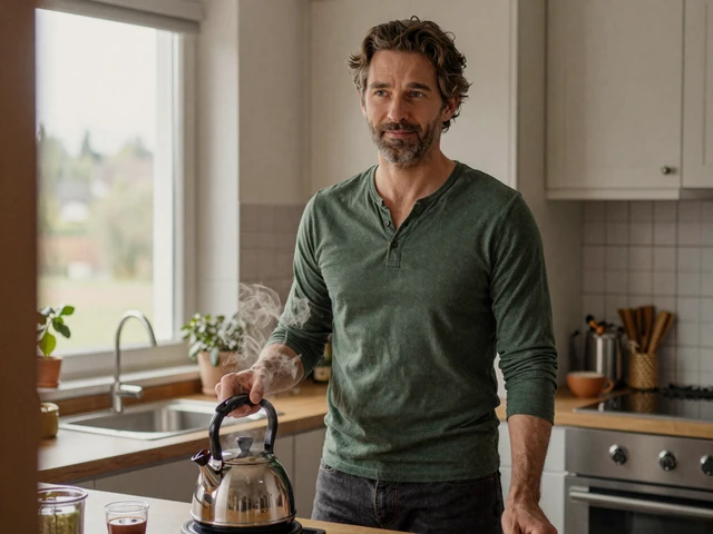David, 52, a Portland Oregon Feelflame member with trimmed beard in his kitchen, representing second chance love stories for men over 45