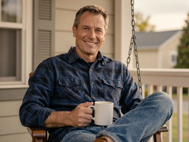 Thomas, 58, a Feelflame member from Columbus, Ohio, sitting on his porch swing with coffee after finding his partner Linda through mature dating